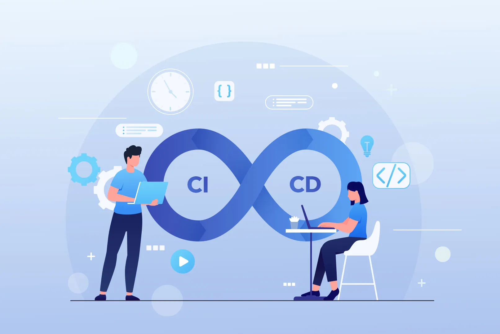 Illustration of two engineers working on either side of a continuous integration and continuous delivery loop