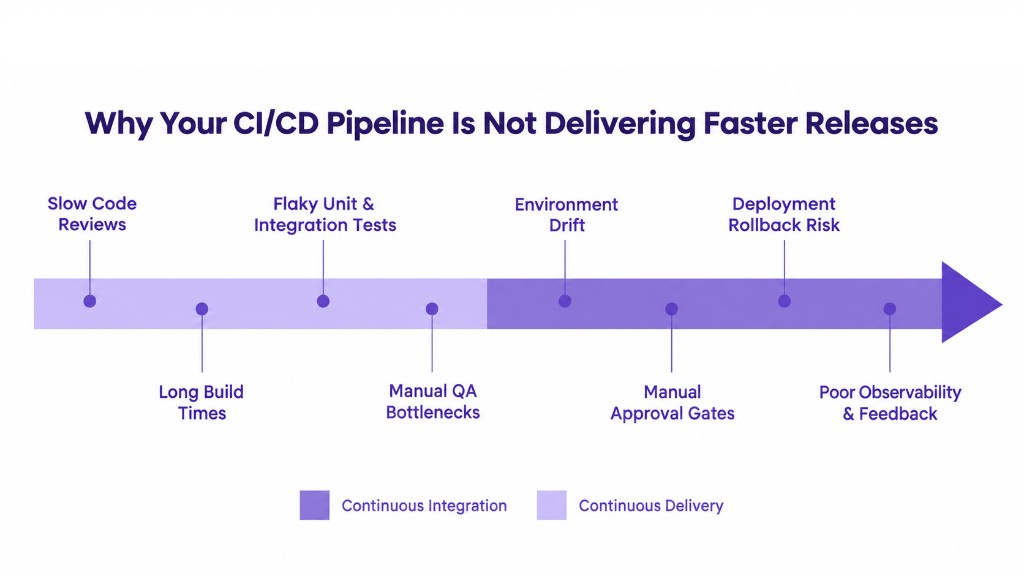 Diagram of CI and CD bottlenecks that slow software releases