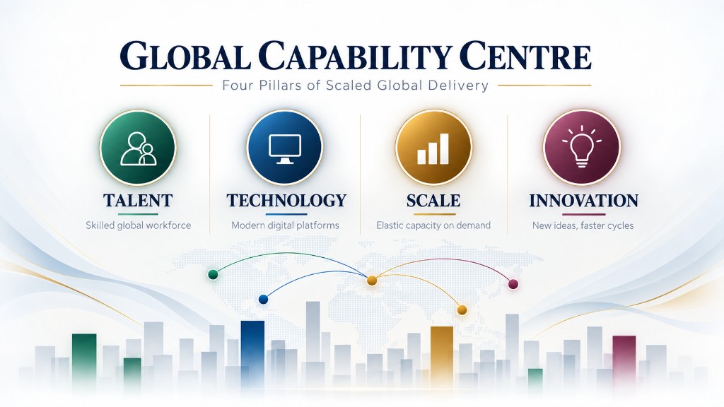 Four pillars of a Global Capability Centre: talent, technology, scale, and innovation