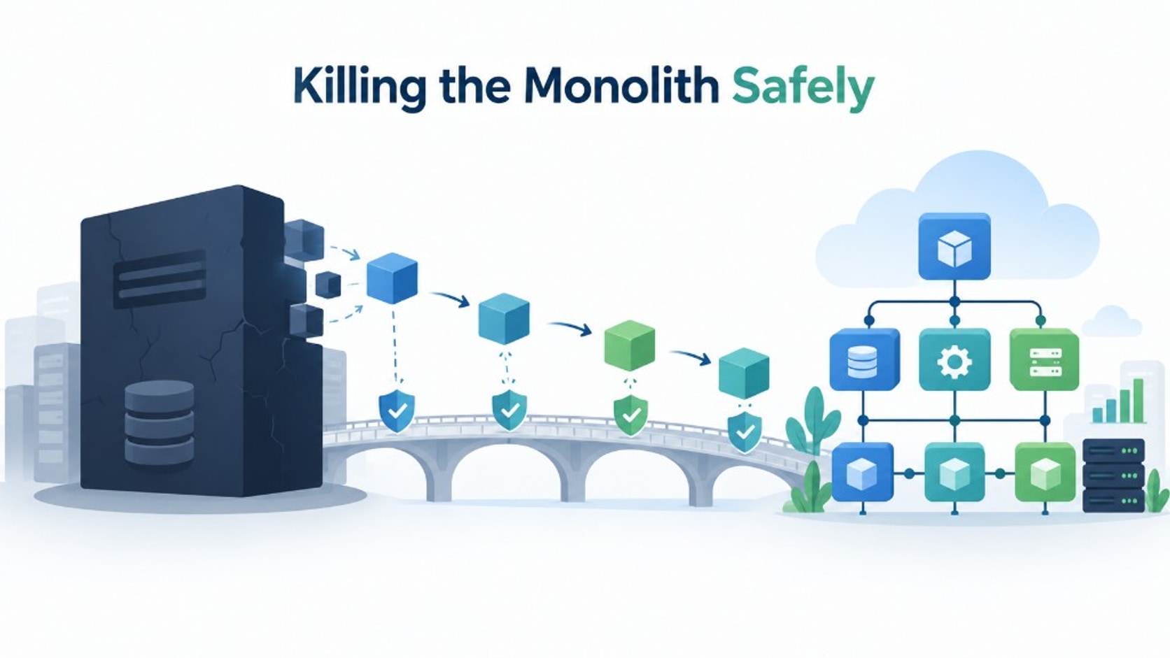 Illustration of incrementally breaking a monolith into a safer, modular architecture