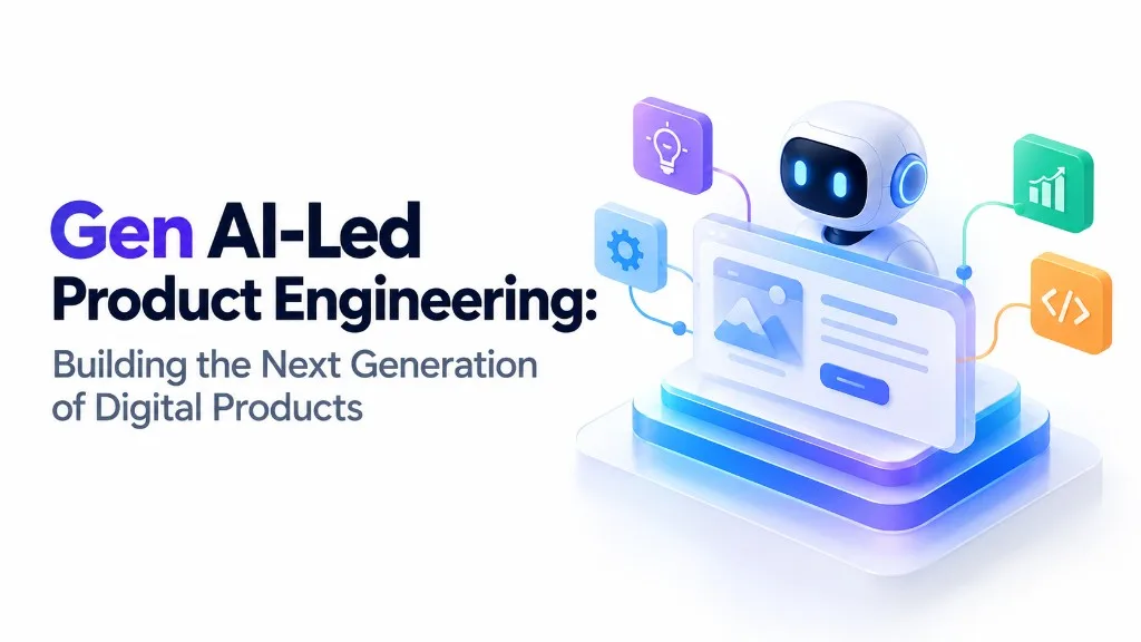 AI robot at a workstation with product, cloud, security icons for Gen AI-led engineering